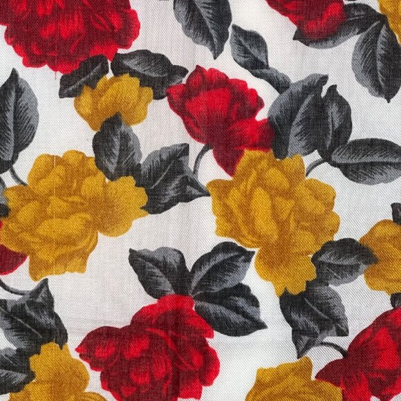 Stunning Vintage Floral Rose Print Scarf 30" Red Yellow Cottage Retro Art - Picture 7 of 9